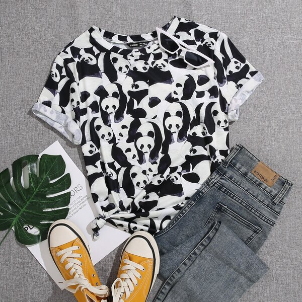 

Plus All Over Panda Print Tee, Black and white
