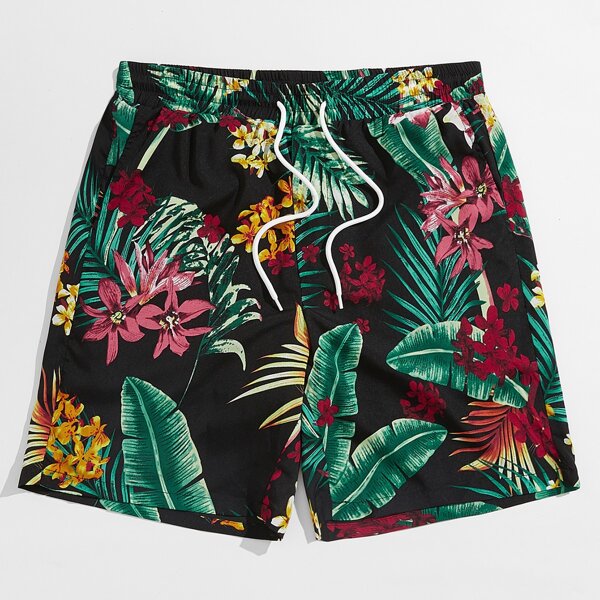 

Men Drawstring Waist Tropical Shorts, Multicolor