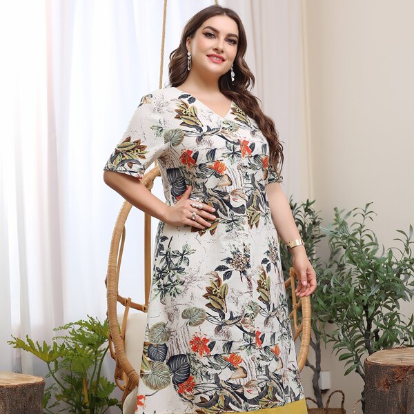 

Plus Tropical Print V-neck Tunic Dress, Multicolor