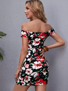 SHEIN VCAY 1PC Floral Print Off Shoulder Split Hem Dress - Multicolor - View 2
