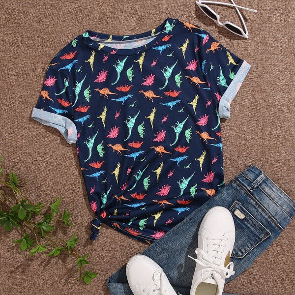

Plus Allover Cartoon Dinosaur Print Tee, Navy blue