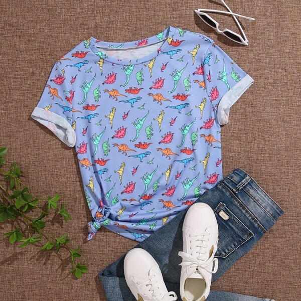 

Plus Allover Cartoon Dinosaur Print Tee, Dusty blue