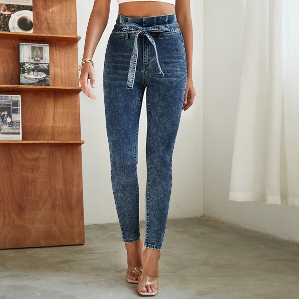 

High Waist Belted Skinny Jeans, Dark wash