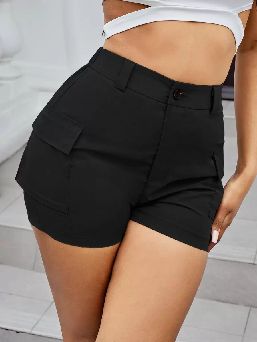 SHEIN SXY Solid Flap Pockets Utility Shorts - Black - View 1