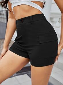 SHEIN SXY Solid Flap Pockets Utility Shorts - Black - View 3