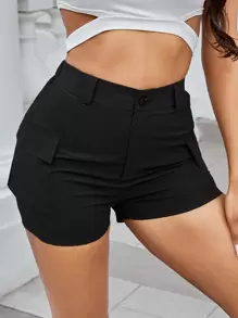 SHEIN SXY Solid Flap Pockets Utility Shorts - Black - View 5