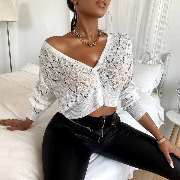 

Solid Rhinestone Button Front Open Knit Cardigan, White
