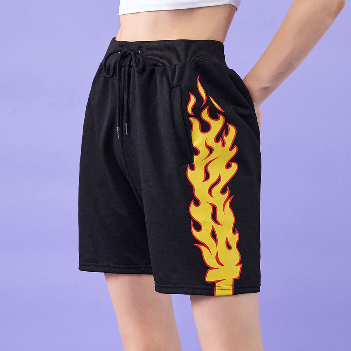 

Fire Graphic Drawstring Shorts, Black