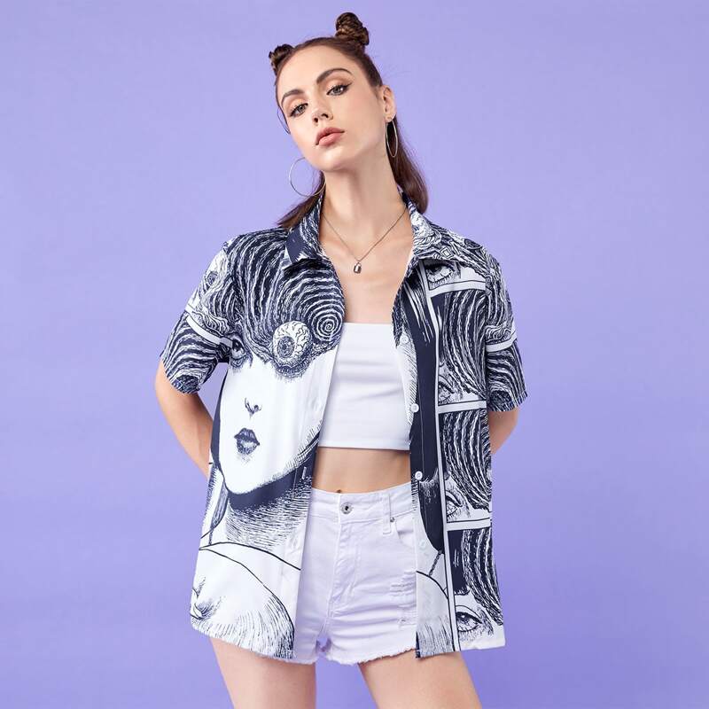 

Cartoon Figure Graphic Button Front Blouse, Multicolor