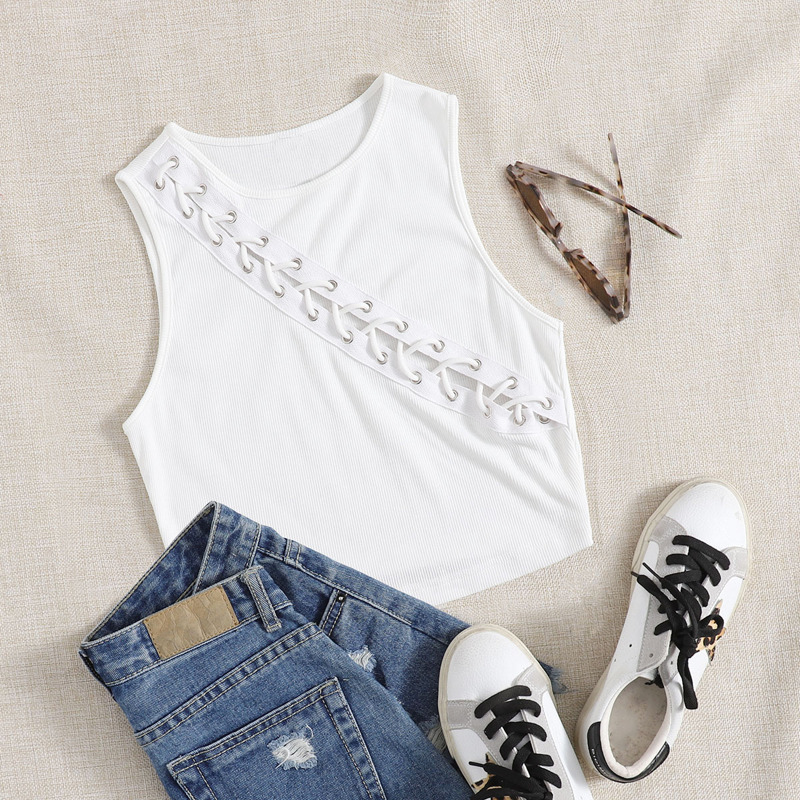 

Eyelet Lace Up Rib-knit Tank Top, White