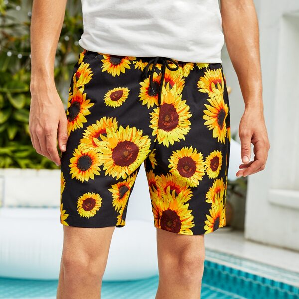 

Men Sunflower Print Drawstring Waist Shorts, Multicolor