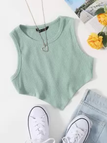 SHEIN EZwear Asymmetrical Hem Rib-knit Crop Tank Top - Mint Green - View 1
