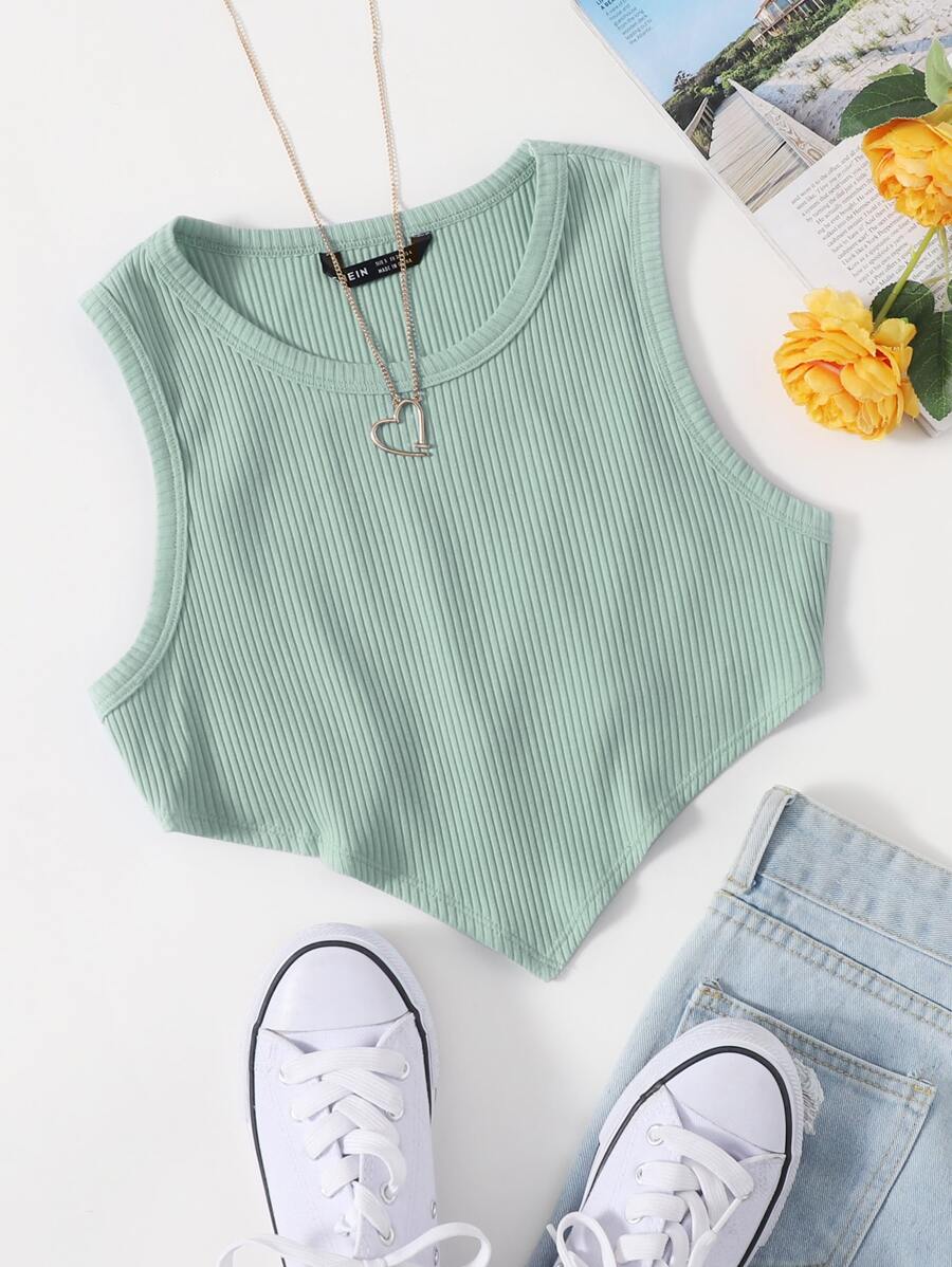 SHEIN EZwear Asymmetrical Hem Rib-knit Crop Tank Top - Mint Green - View 1