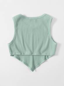 SHEIN EZwear Asymmetrical Hem Rib-knit Crop Tank Top - Mint Green - View 2
