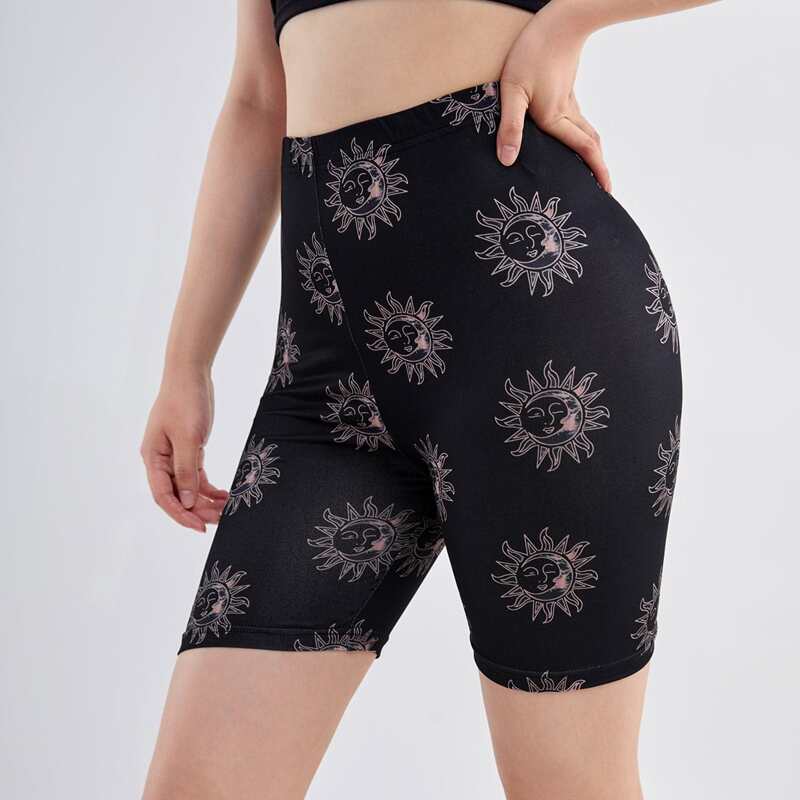 

Sun & Moon Graphic Biker Shorts, Black