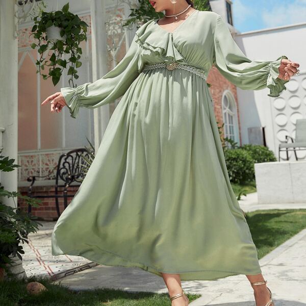 

Plus Flounce Sleeve Ruffle Trim Dress Without Belt, Mint green