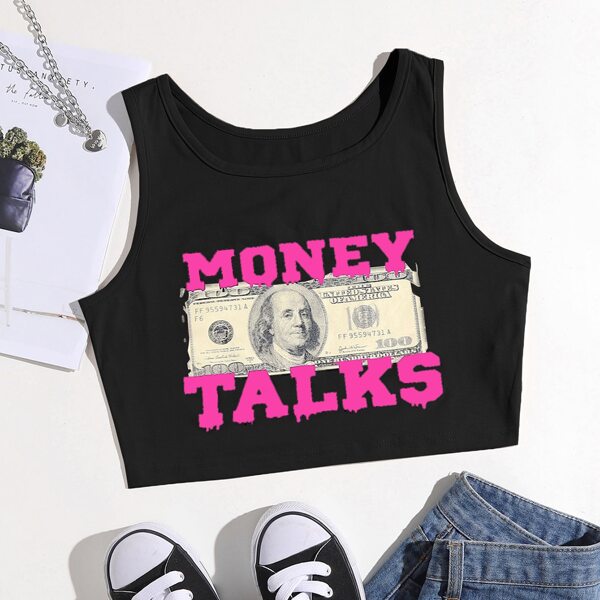 

Dollar And Letter Graphic Tank Top, Black