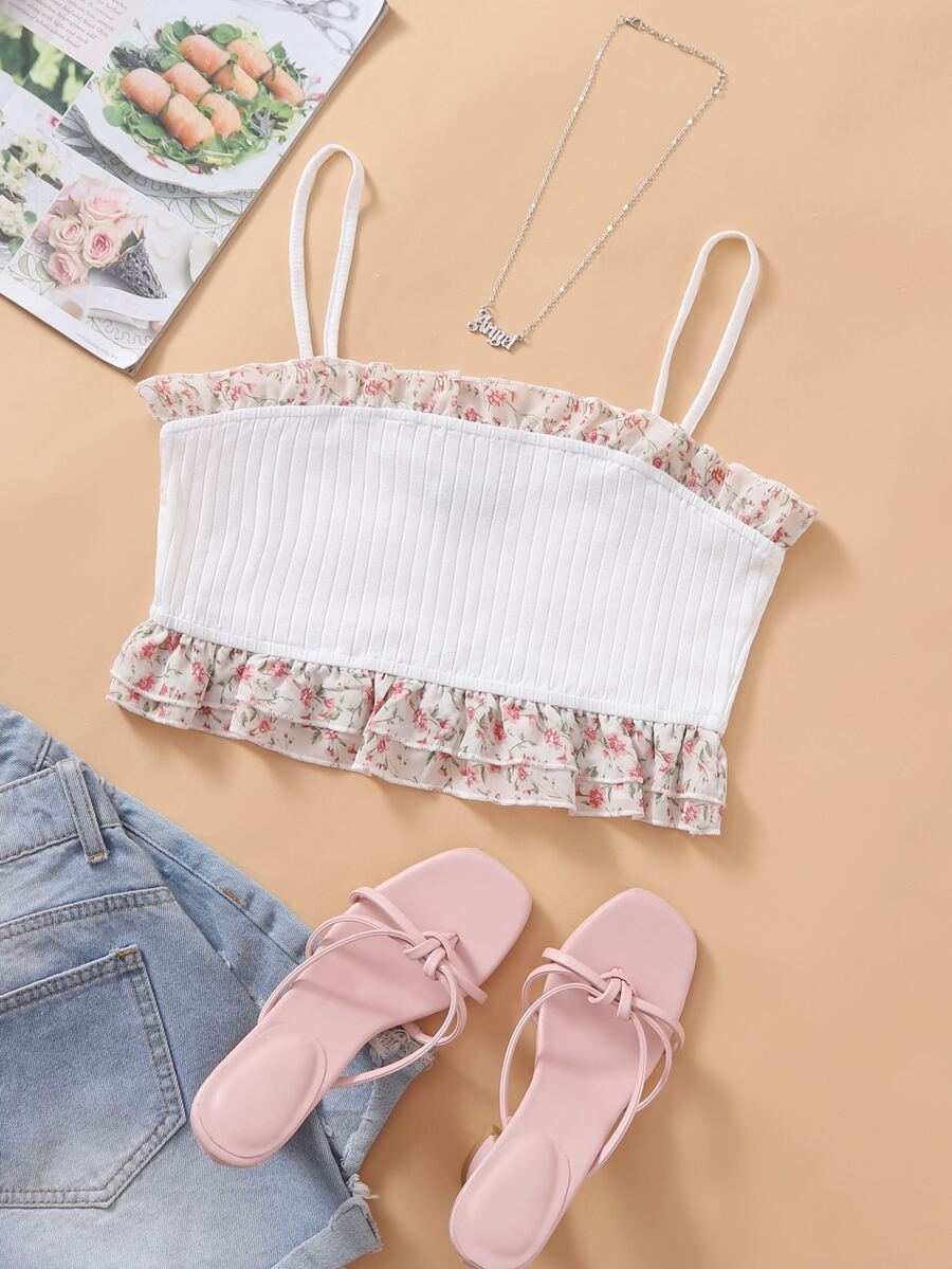 Áo hai dây Xù Họa tiết hoa Boho - trắng - Xem 1