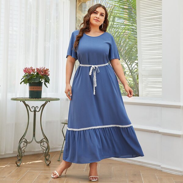 

Plus Lace Panel Self Tie Ruffle Hem Dress, Dusty blue