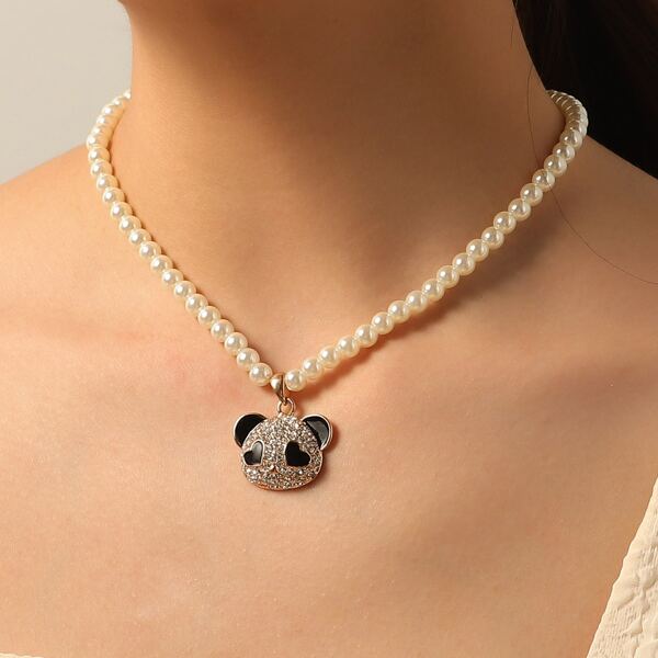 

Rhinestone Panda Charm Faux Pearl Beaded Necklace, White