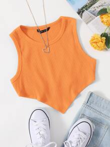 SHEIN EZwear Asymmetrical Hem Rib-knit Crop Tank Top - Orange - View 1