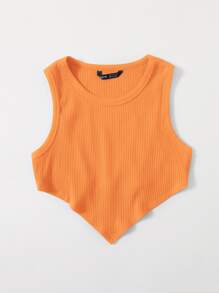 SHEIN EZwear Asymmetrical Hem Rib-knit Crop Tank Top - Orange - View 3