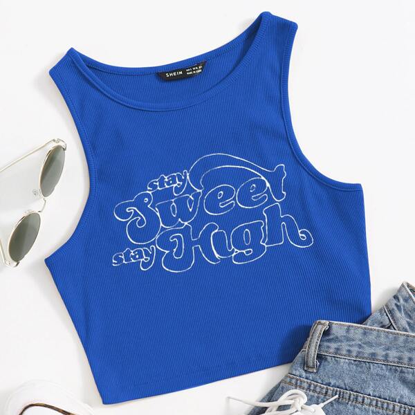 

Slogan Graphic Crop Tank Top, Royal blue
