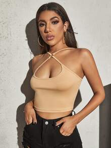 SHEIN Privé Áo hai dây Nhẫn màu trơn Gợi cảm - Màu Khaki - Xem 5