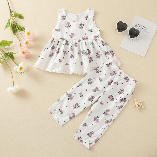 

Toddler Girls Floral Eyelet Embroidery Top With Pants, White