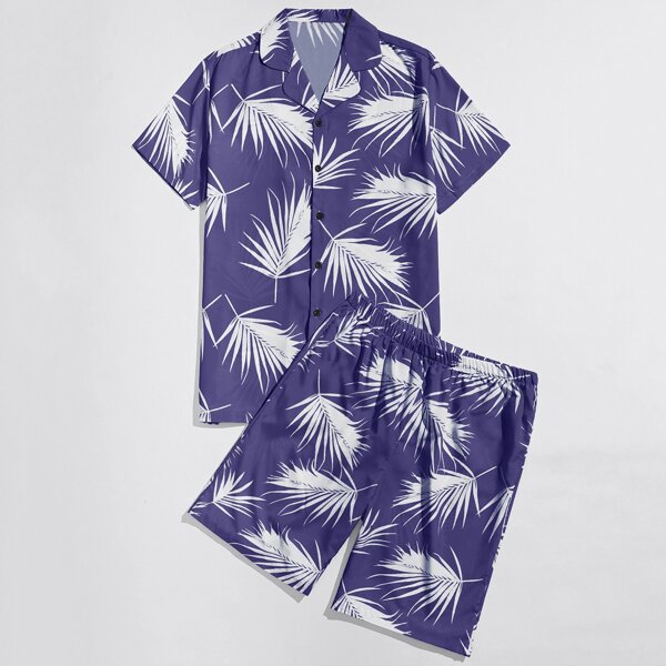 

Men Leaf Print Lapel Neck Shirt & Shorts, Royal blue