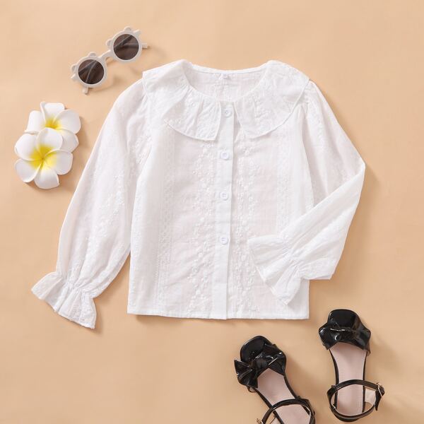 

Toddler Girls Floral Embroidery Ruffle Cuff Blouse, White