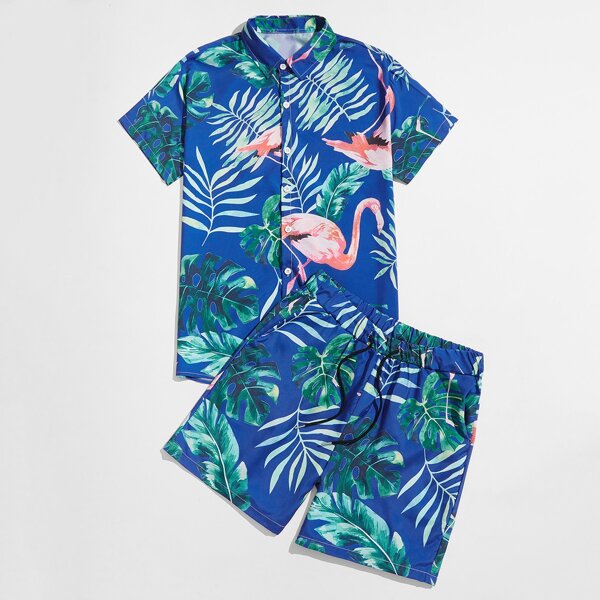 

Men Flamingo & Tropical Print Shirt & Drawstring Waist Shorts, Navy blue