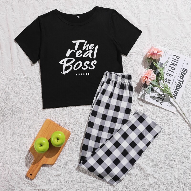 

Slogan Graphic Tee and Buffalo Plaid Pants PJ Set, Black and white