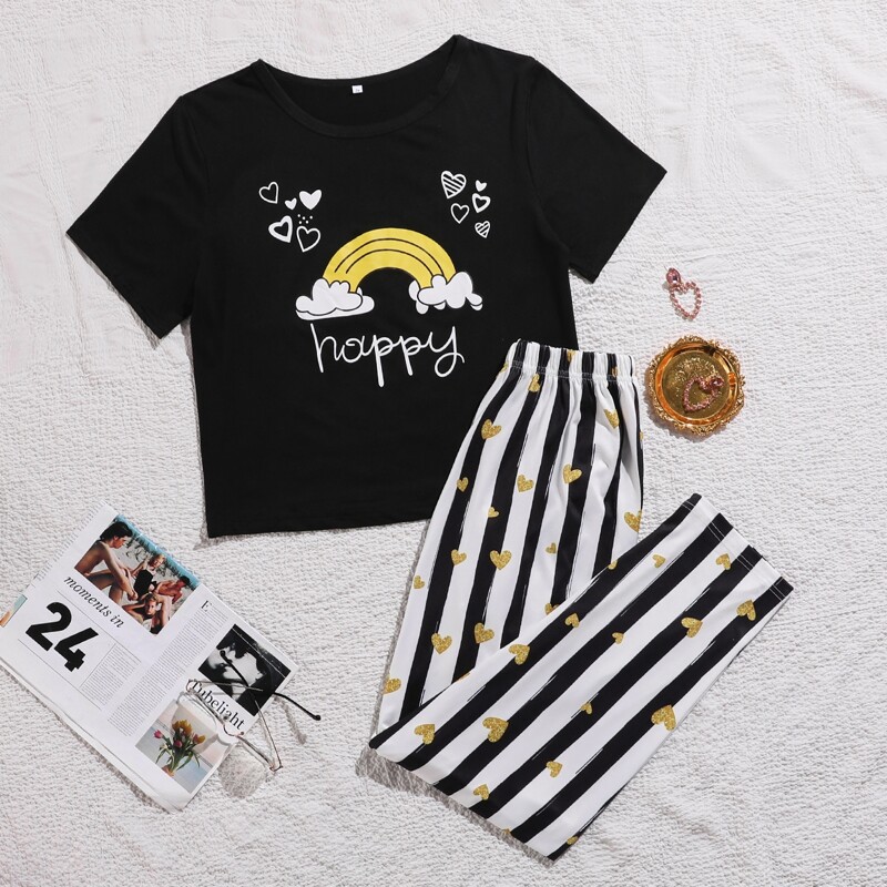 

Letter and Cartoon Graphic Tee and Pants PJ Set, Multicolor
