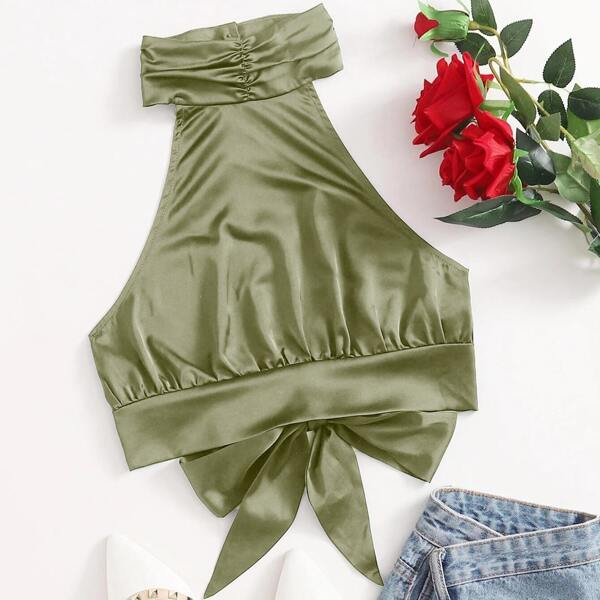 

Ruched Halterneck Tied Backless Crop Top, Green