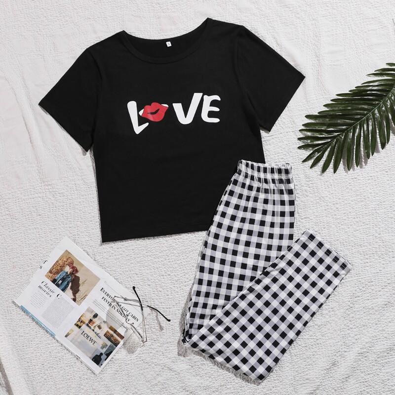 

Letter and Lip Print Tee and Buffalo Plaid Pants PJ Set, Black and white