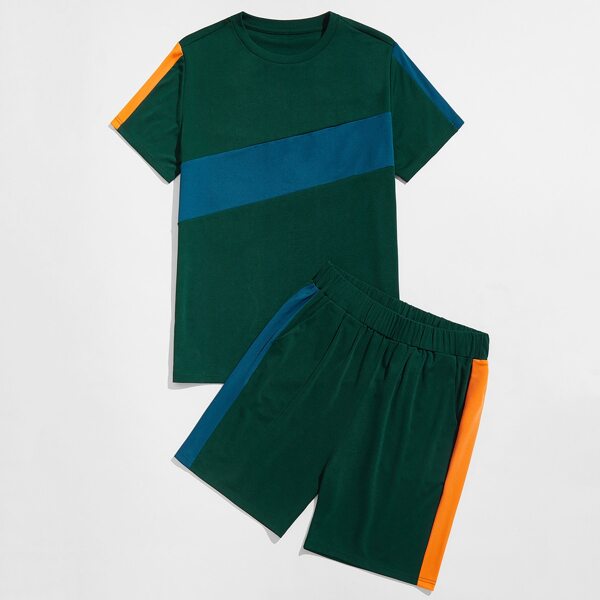 

Men Contrast Panel Tee & Track Shorts, Dark green