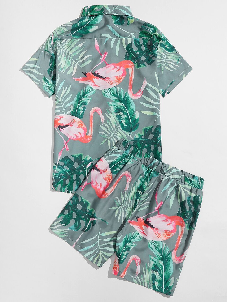 Men Flamingo & Tropical Print Shirt & Drawstring Waist Shorts