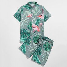Guys Flamingo & Tropical Print Shirt & Drawstring Waist Shorts