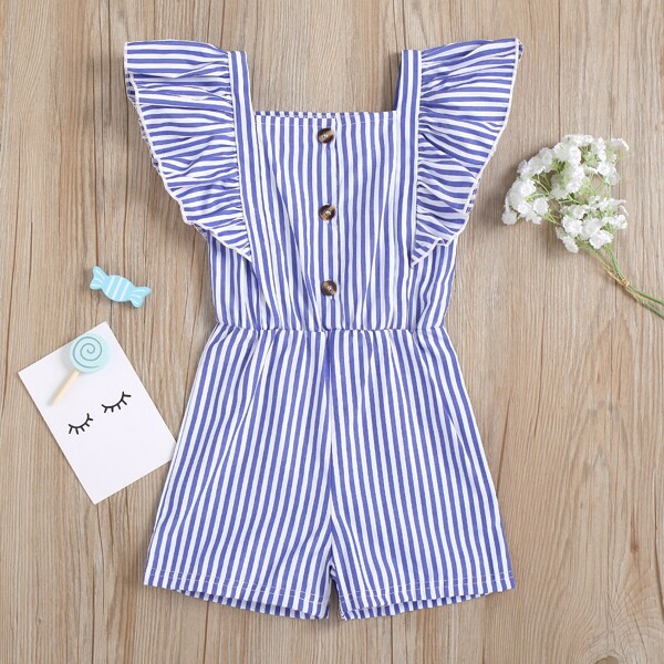 

Toddler Girls Striped Ruffle Trim Half Button Romper, Blue and white