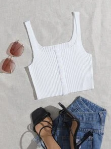 紐扣細節羅紋針織上衣 - 白色 - 查看 1