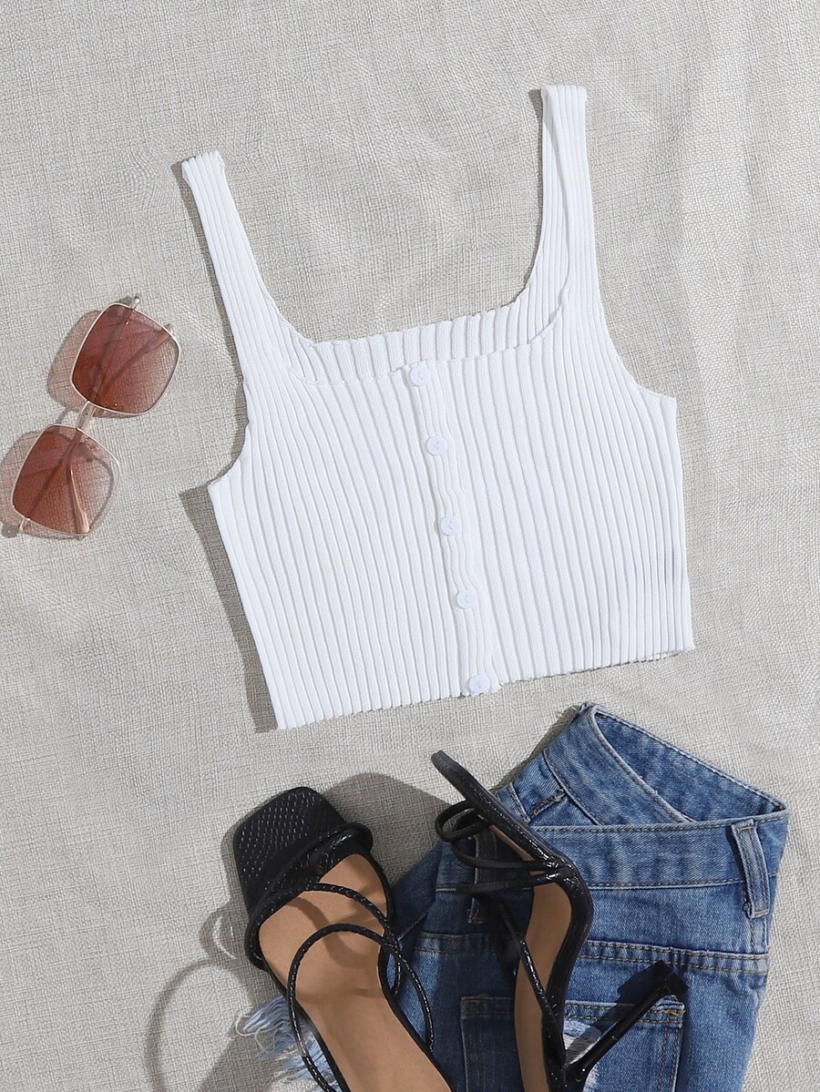 紐扣細節羅紋針織上衣 - 白色 - 查看 1