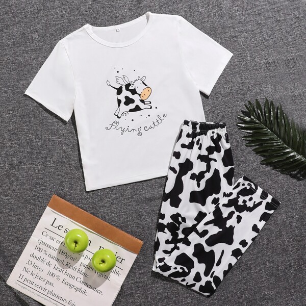 

Cow and Letter Graphic Tee and Pants PJ Set, Black and white