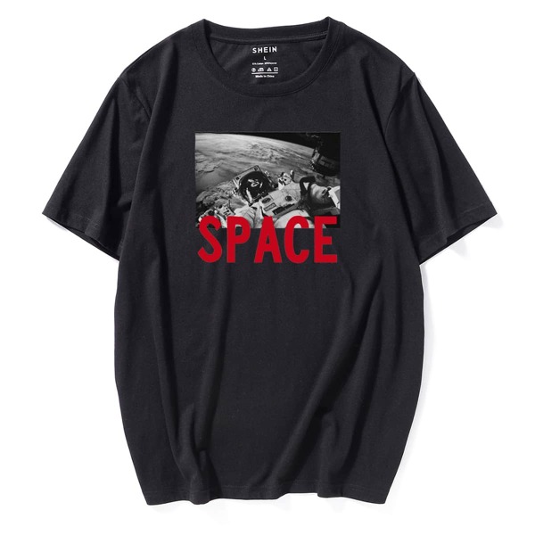 

Men Astronaut & Letter Graphic Tee, Black