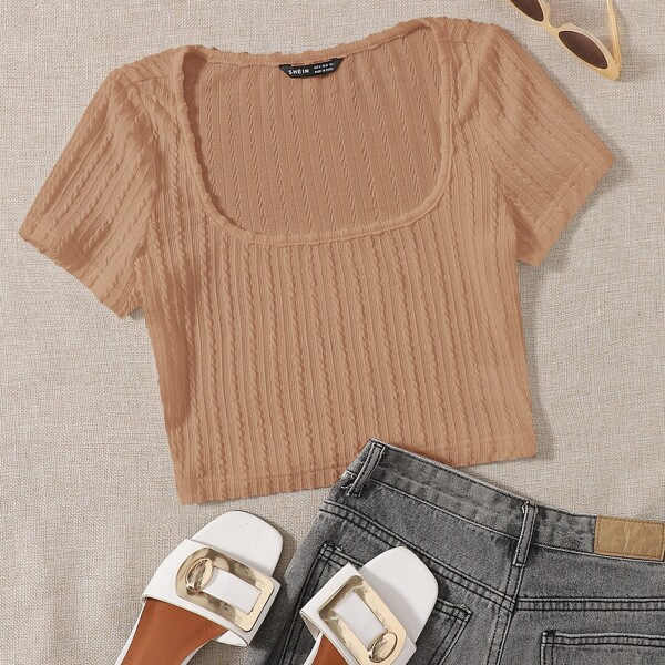 

Scoop Neck Textured Tee, Apricot