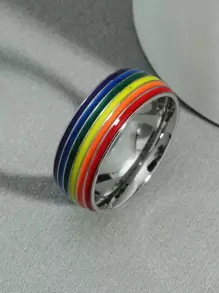 Anillo a rayas de arcoíris LGBT de moda y popular para hombres de acero inoxidable para regalo de joyería y para una apariencia elegante - Multicolor - Ver 2