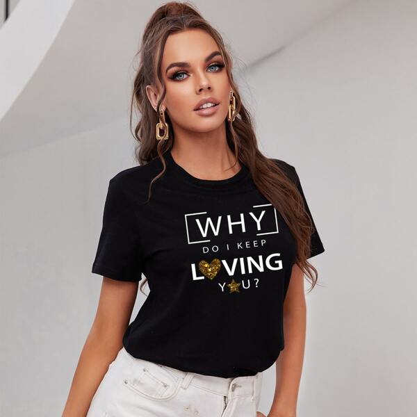

Contrast Sequin Slogan Graphic Tee, Black