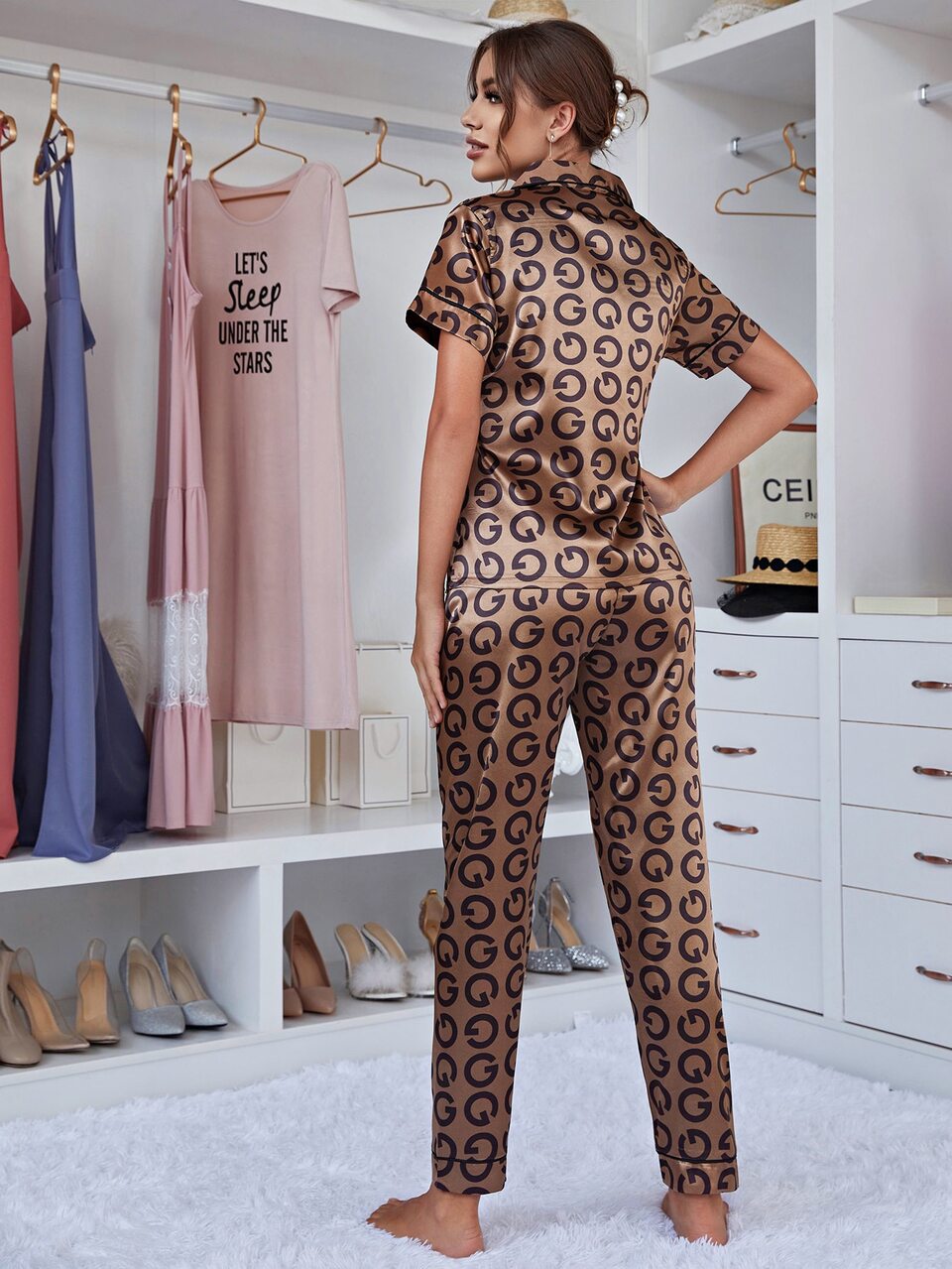 Allover Letter Graphic Pocket Patched Satin Top And Pants PJ Set / Pajama Set
