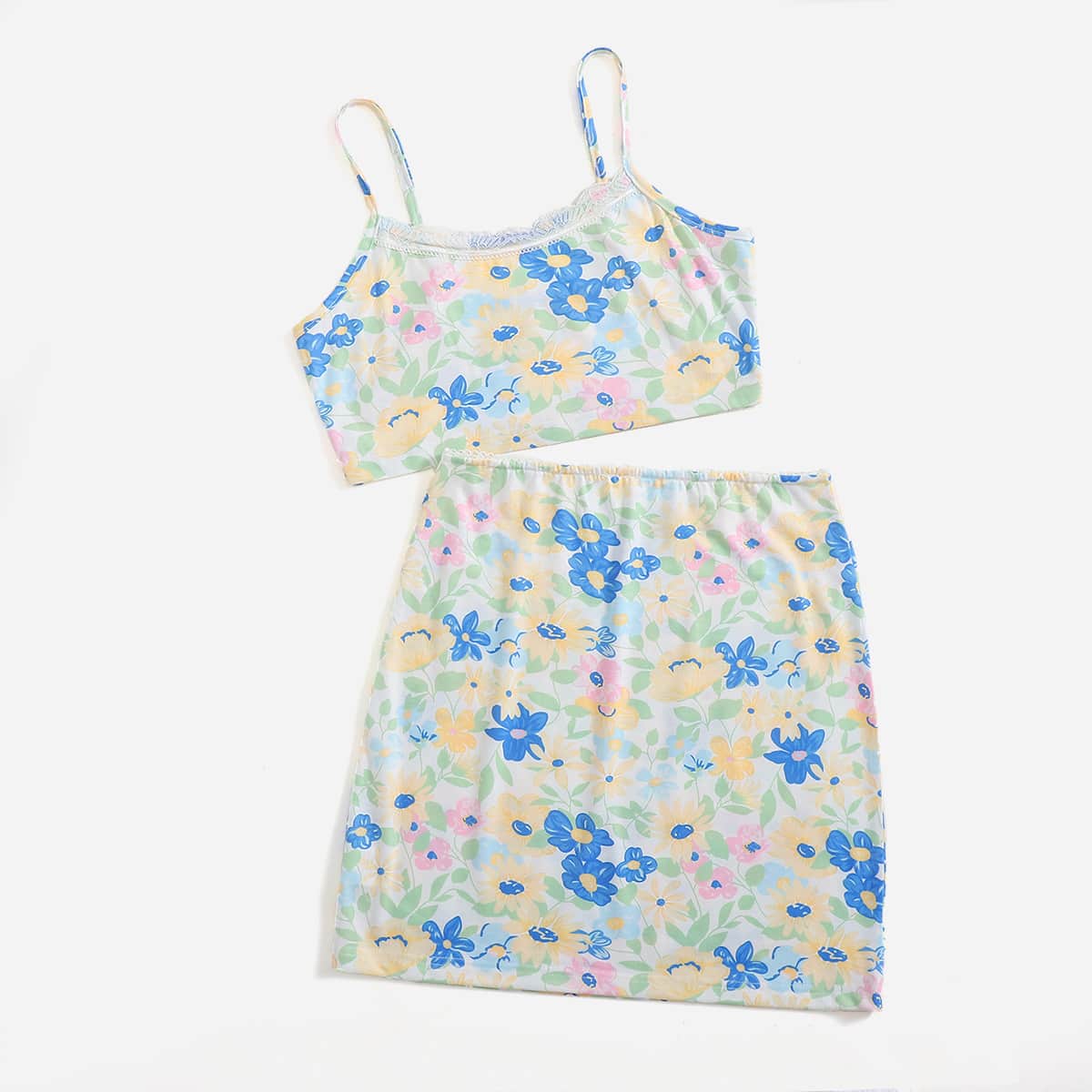 

Contrast Lace Floral Print Crop Cami & Skirt, Multicolor
