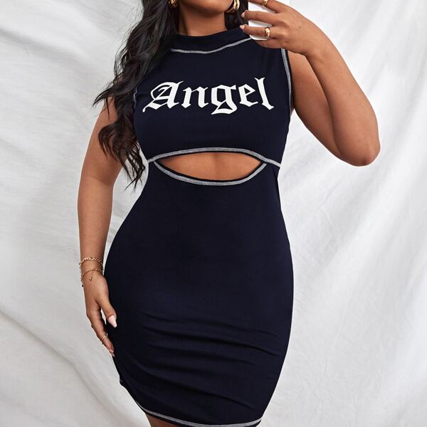 

Plus Letter Graphic Peekaboo Dress, Navy blue